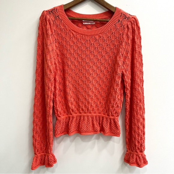 By Anthropologie Sweaters - By Anthropologie Flounce-Hem Pointelle Sweater Pleated Sleeves Orange Size XL
